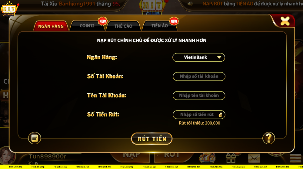 Giao diện rút tiền ngân hàng trong ứng dụng Hitclub trực tuyến.